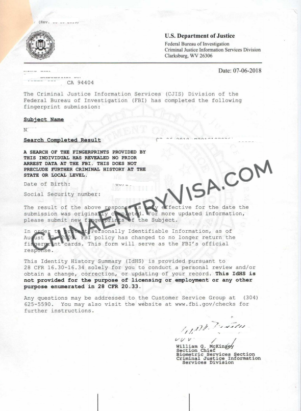 美国FBI无犯罪领事馆三级认证样本