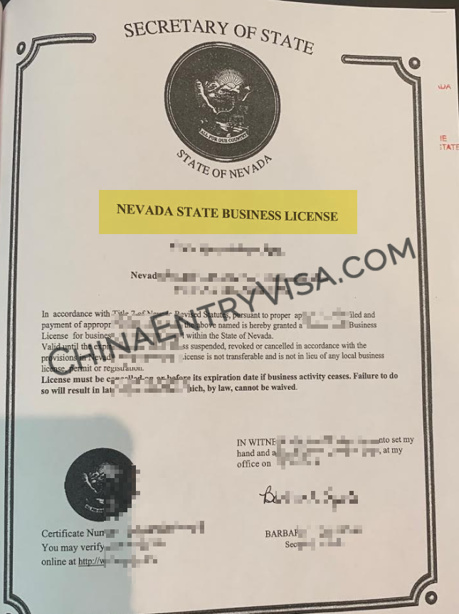 美国内华达州拉斯维加斯营业执照样本