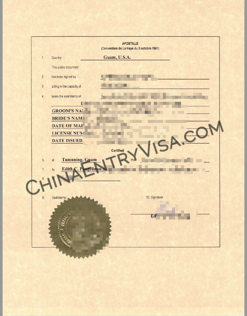 美国关岛个人或公司的文件公证认证样本