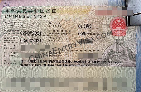 中国工作签证（Z）2021年8月2日批准
