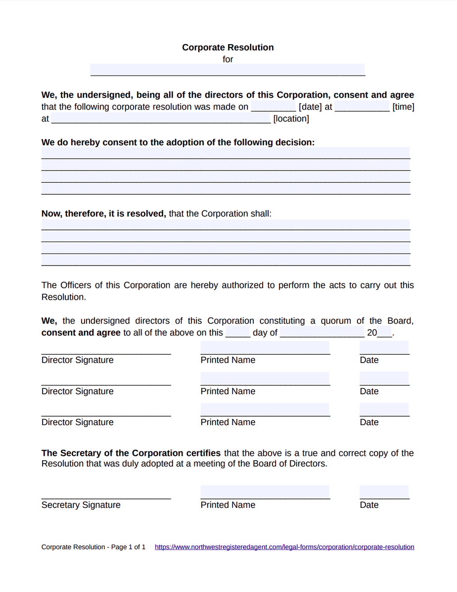 Free Corporate Resolution | Northwest Registered Agent