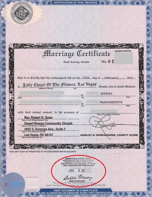 This is a certified copy of a Las Vegal marriage certificate. It is eligible for legalization by an apostille … | Las vegas marriage, Marriage certificate, Marriage