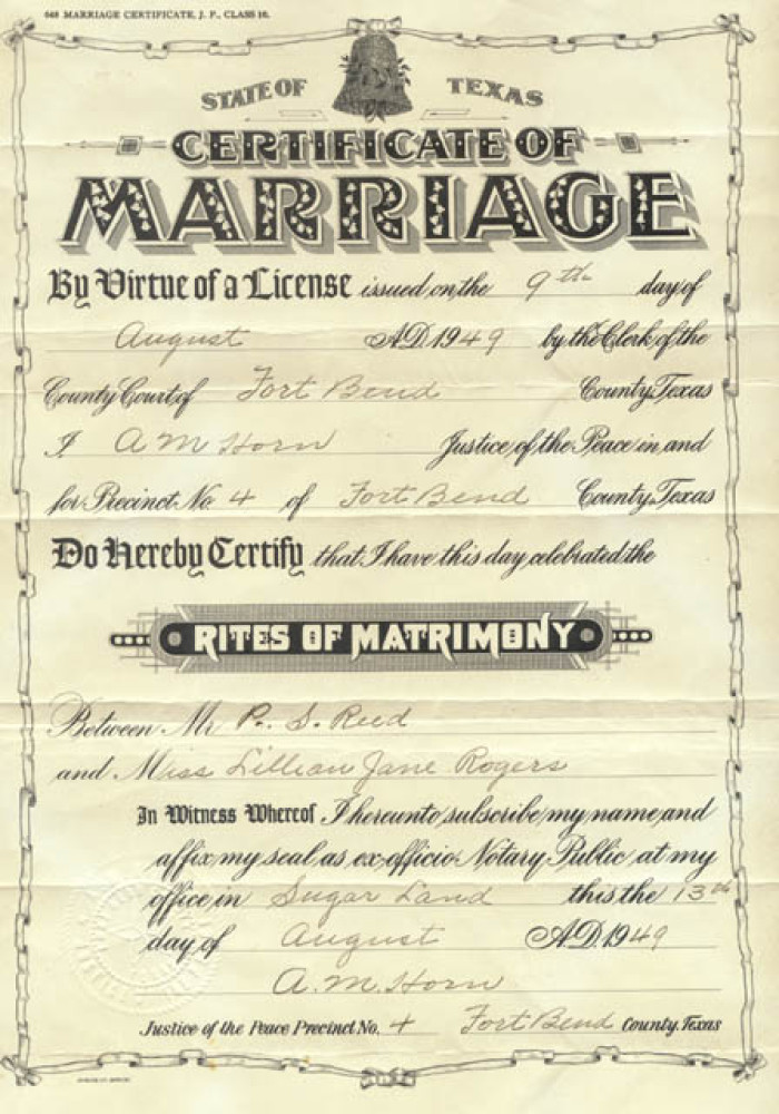 Marriage Certificate issued August 9, 1949 in Fort Bend County to P.S. Reed...] - The Portal to Texas History